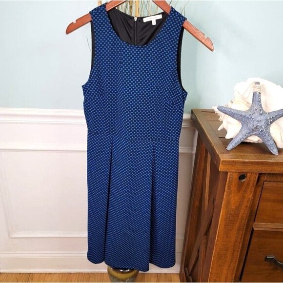 41 Hawthorne Sz L Black Blue Polka Dot Pleated Fit and Flare Sundress Knit Dress - Picture 1 of 12